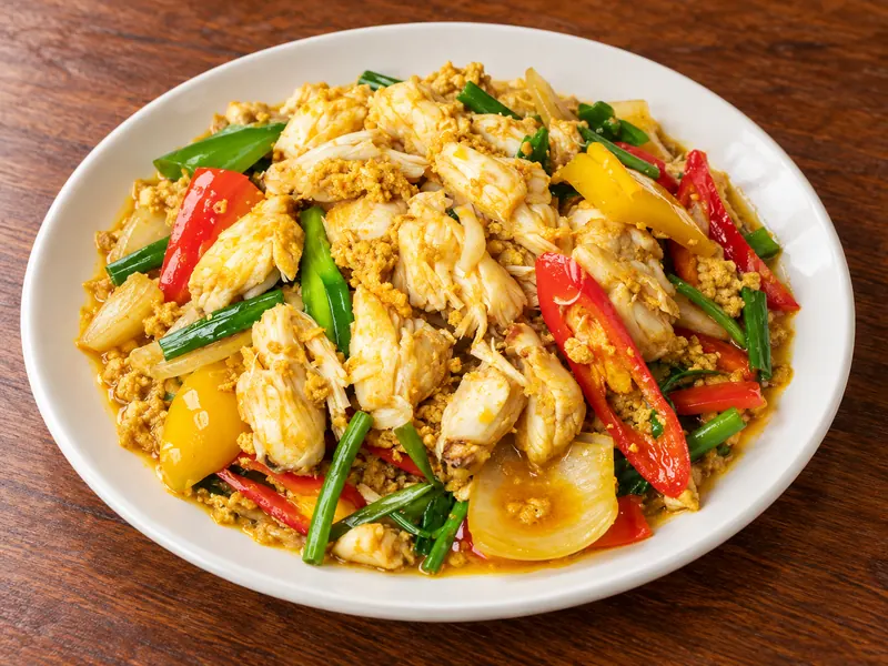 ปูก้อนผัดผงกะหรี่ จัดเสิร์ฟที่ครัวบ้านวัง